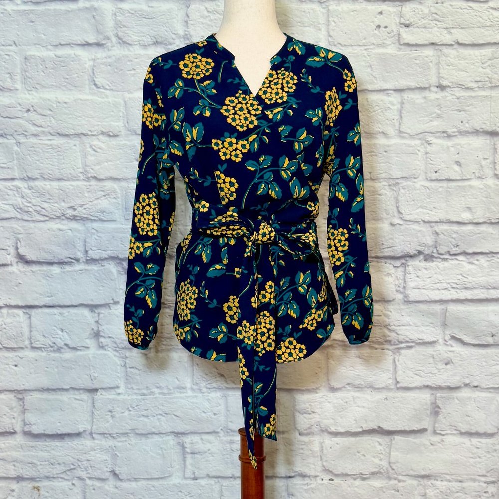 J. Crew Navy Blue Floral Wrap Top